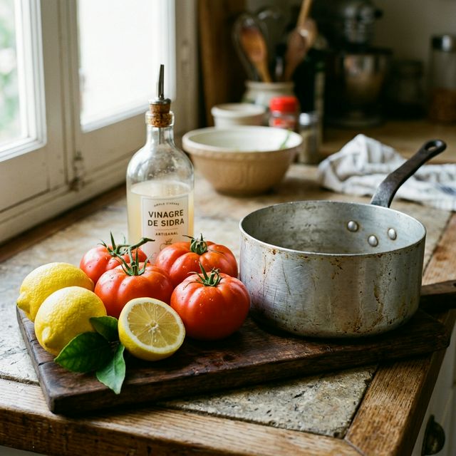 Tomates e limões ao lado de panela de alumínio demonstrando reação ácida