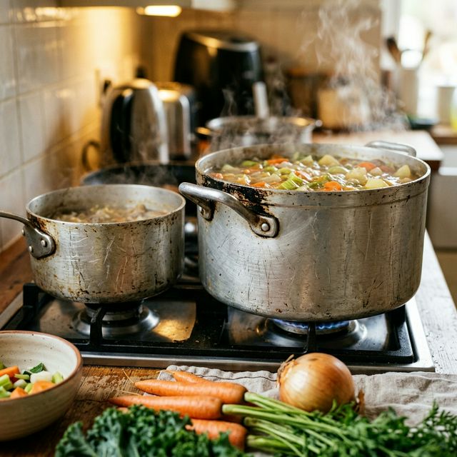 Panelas de alumínio em uma cozinha com vegetais e vapor