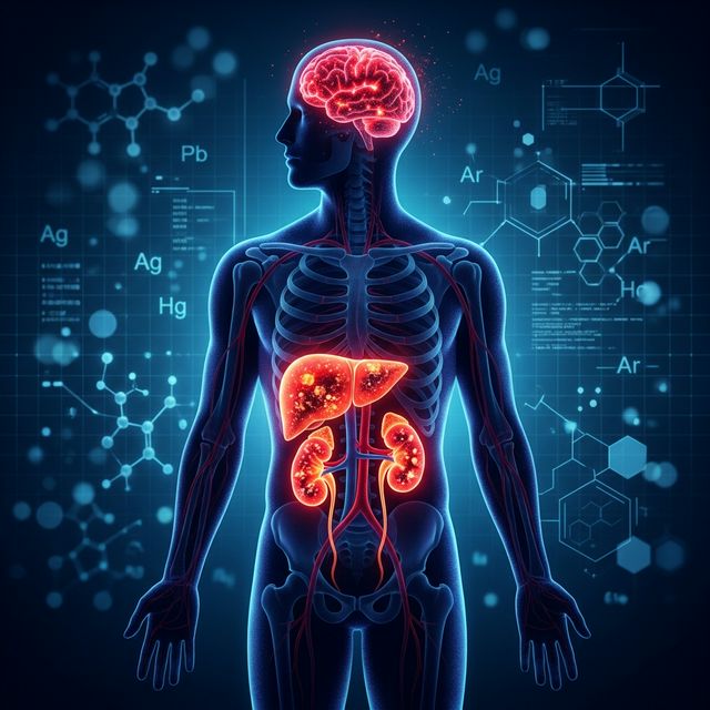 Ilustração médica do corpo humano mostrando acúmulo de metais pesados em rins fígado e cérebro