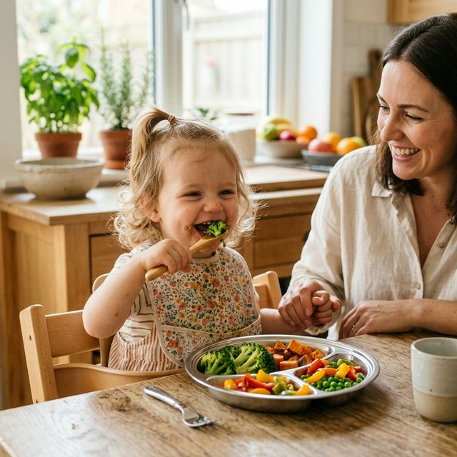 Criança comendo vegetais coloridos em prato de aço inox com pais ao lado