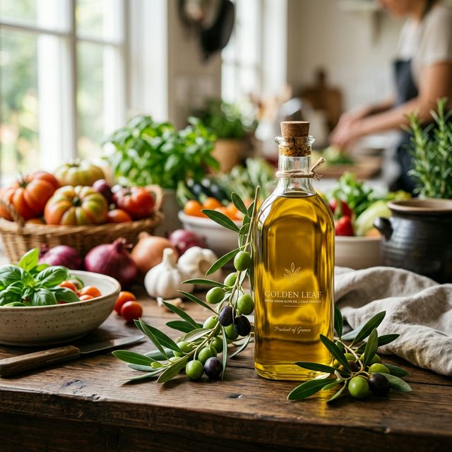 Azeite de oliva extra virgem sendo servido sobre vegetais frescos