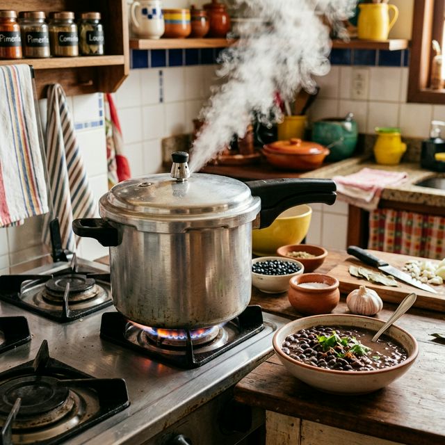 Panela de pressão de alumínio no fogão com vapor saindo