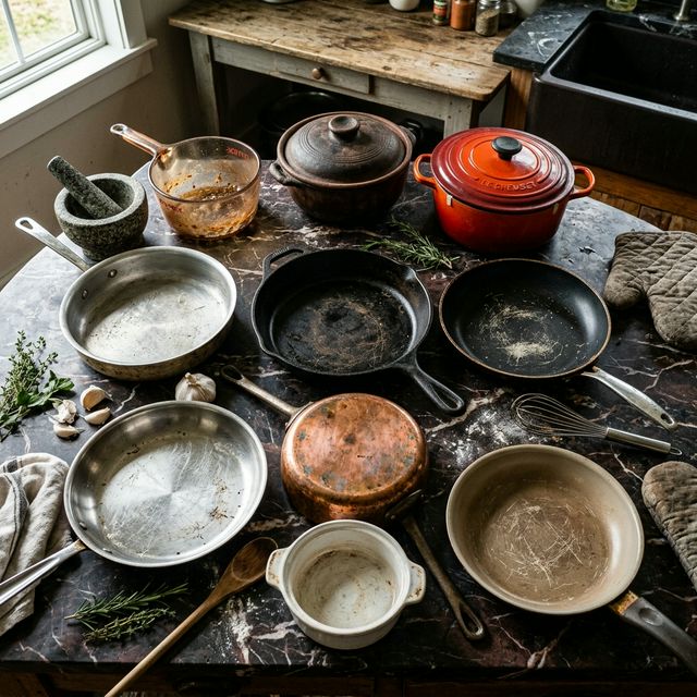 Diversos tipos de panelas e materiais culinários incluindo alumínio ferro cerâmica vidro inox barro cobre e antiaderentes